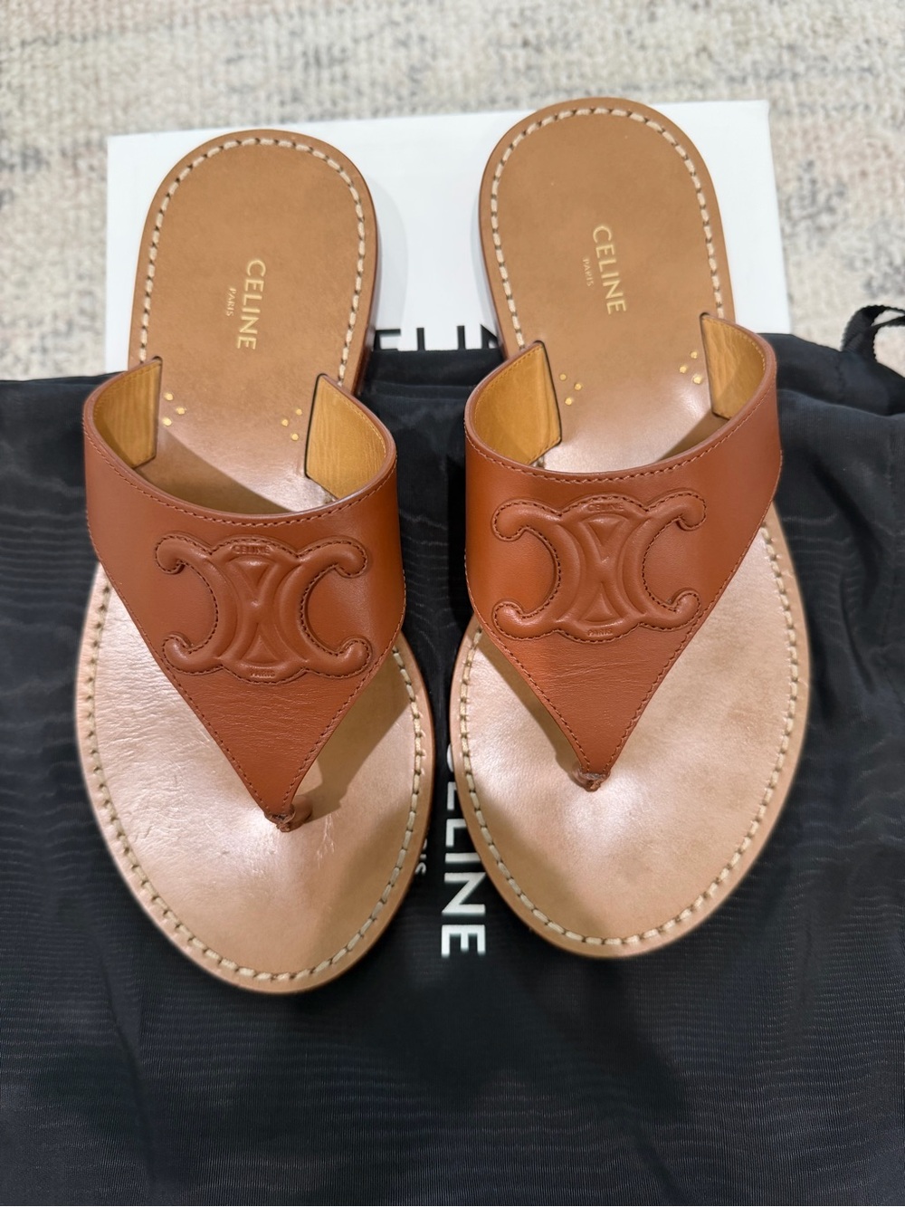 CELINE Women's Brown Triomphe Leather Thong Sandals size 36. Gently worn